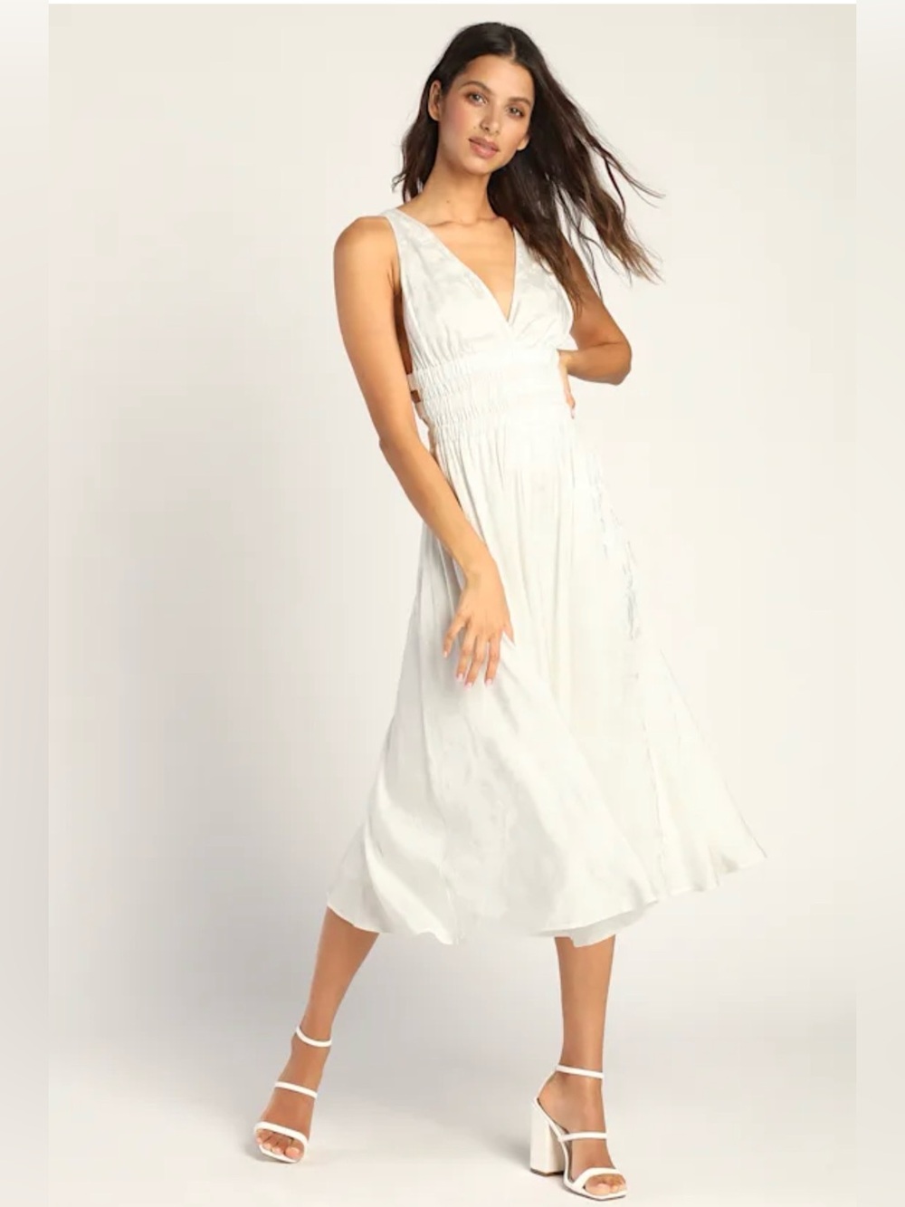 Lulu's White V-Neck Smocked Midi Dress